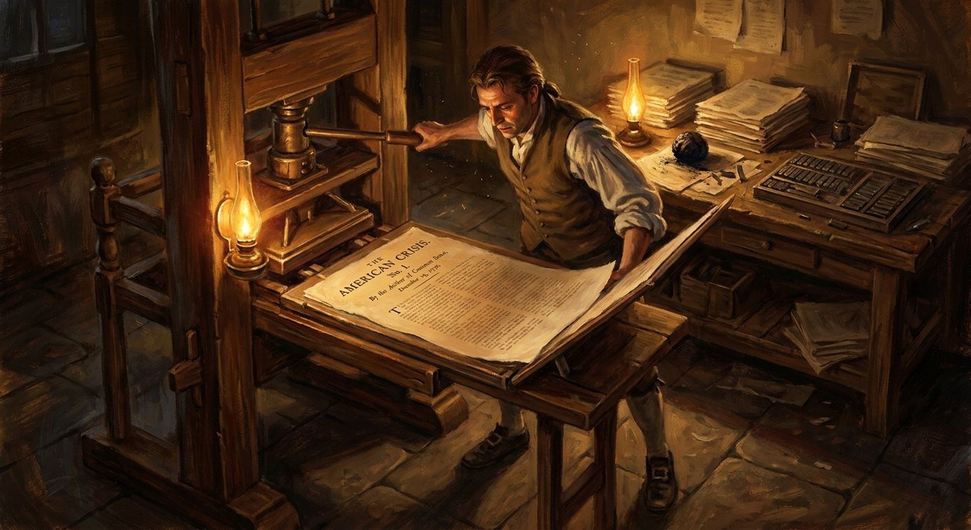 A colonial printing press running The American Crisis pamphlet by lamplight