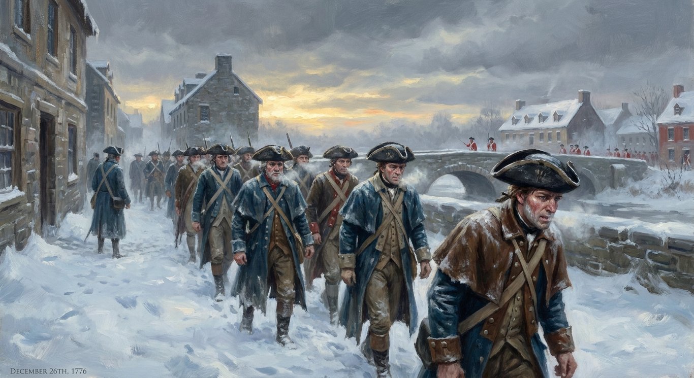 Continental Army soldiers marching through snow at dawn toward Trenton